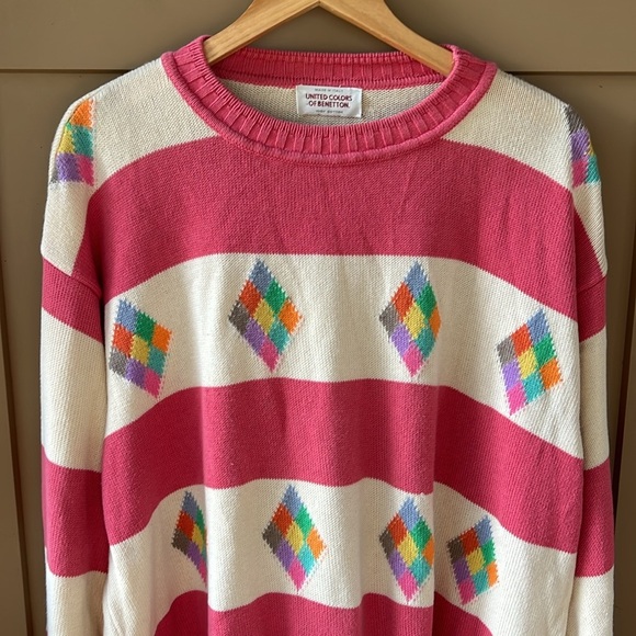 United Colors of Benetton Vintage XL 100% Cotton Striped Rainbow Preppy Sweater - Picture 2 of 9